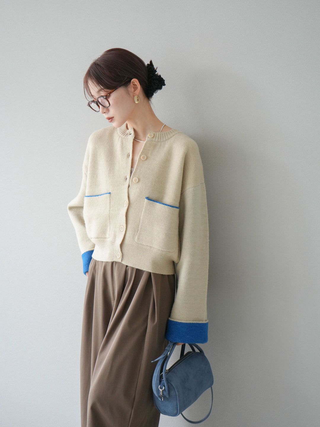 【SET】雙色針織開襟衫+褶襉設計寬褲（2套）