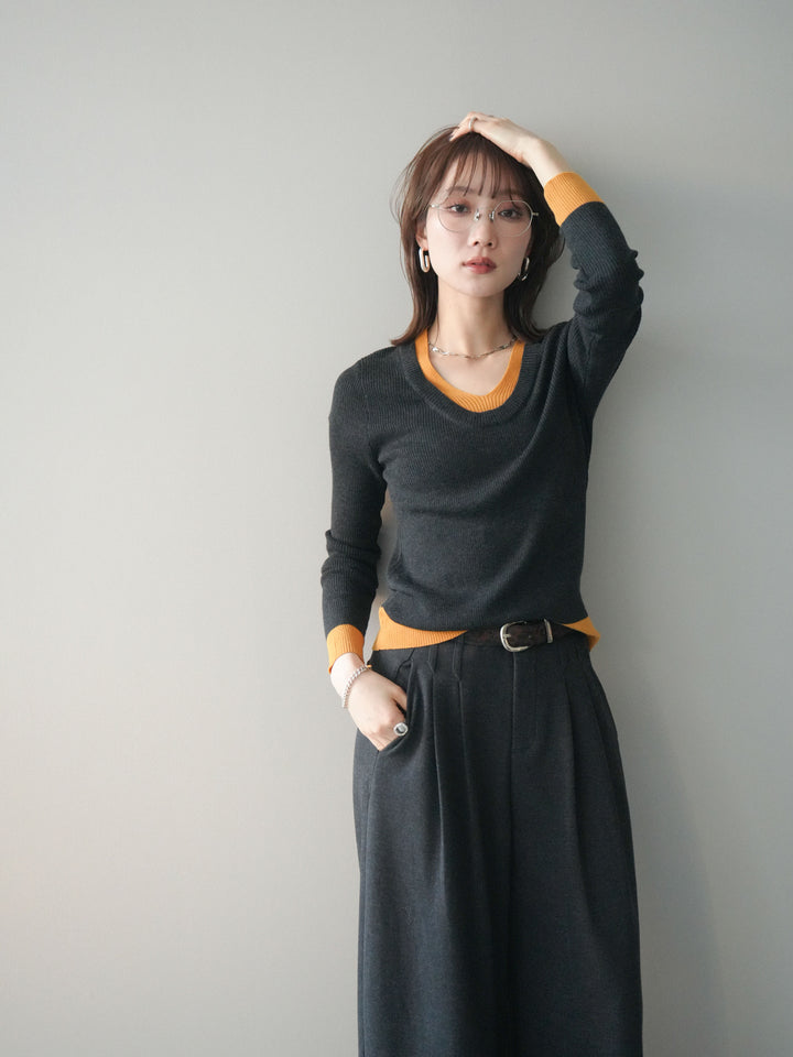 [SET]Uネック配色レイヤードリブニットトップス+アニマル柄ベルト付きウールタッチワイドパンツ(2set)