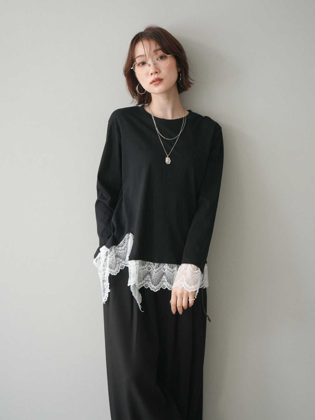 [予約]裾レースコンビカットソー/black
