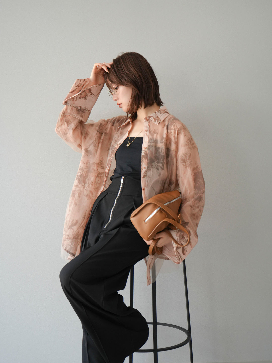 [予約]チュールドッキングフラワー柄オーバーサイズシャツ/ブラウン