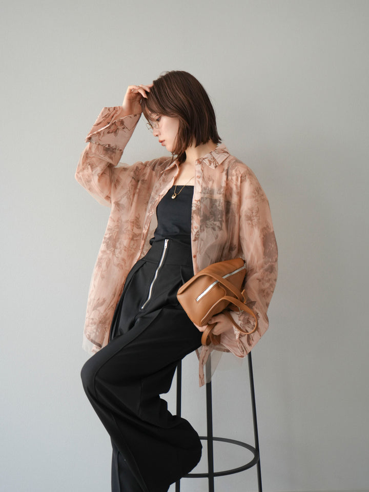 [予約]チュールドッキングフラワー柄オーバーサイズシャツ/ブラウン