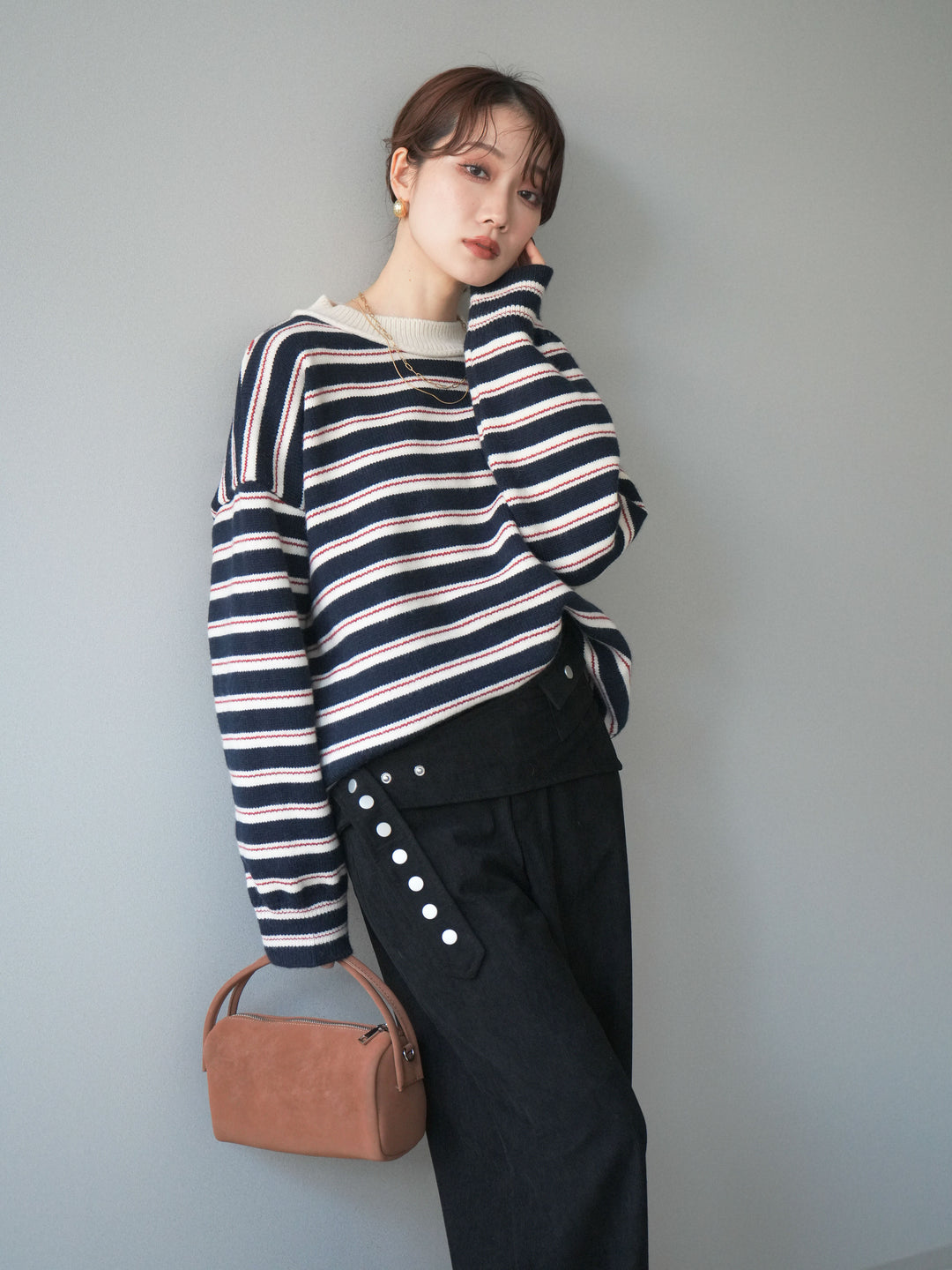 [予約]モックネックボーダーニットプルオーバー/navy