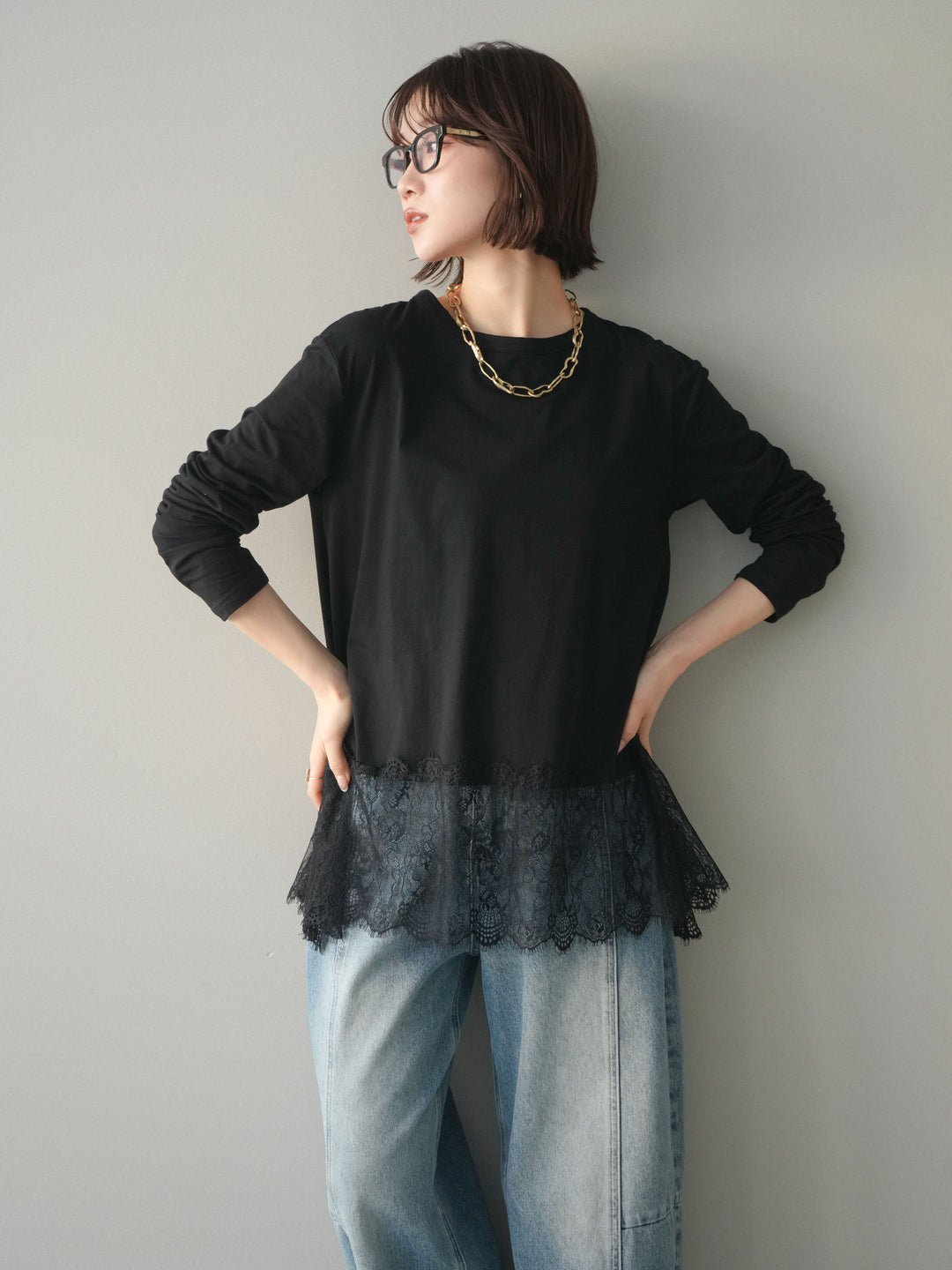 [SET]裾レースロングスリーブTシャツ+選べるアクセセット(2set)