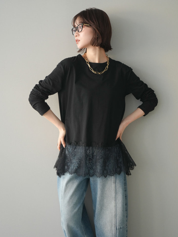 [SET]裾レースロングスリーブTシャツ+選べるアクセセット(2set)