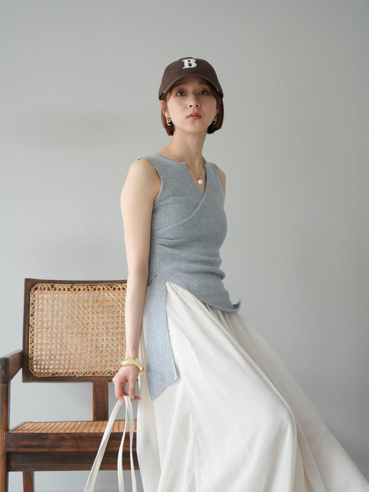 [SET]カシュクールノースリーブニットトップス+シフォンフレアスカート(2set)