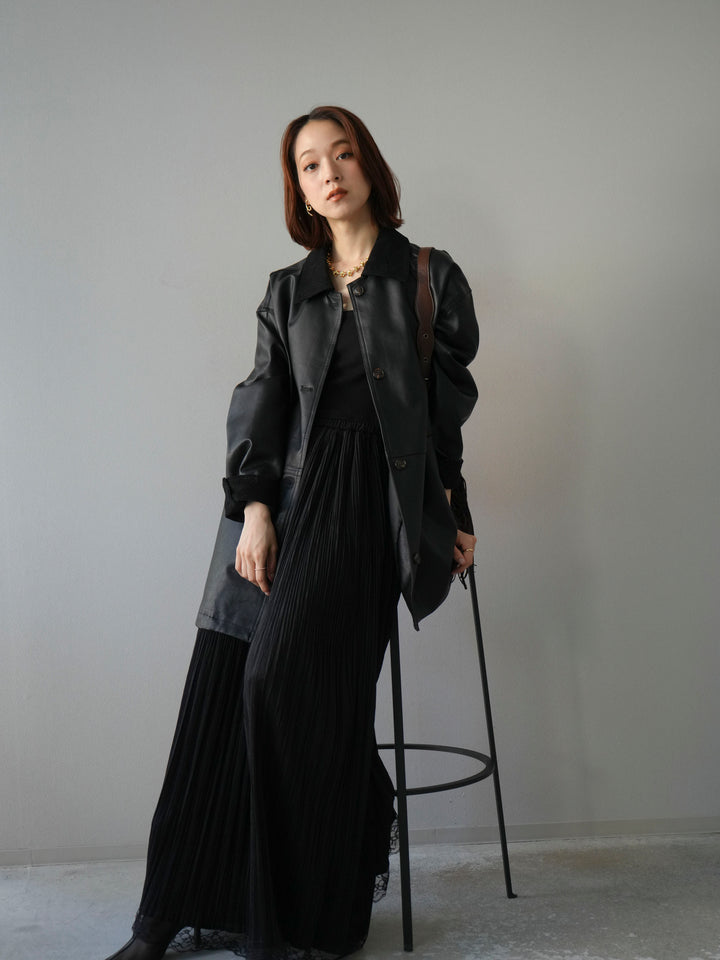 [予約]コーデュロイ襟レザーステンカラージャケット/ブラック