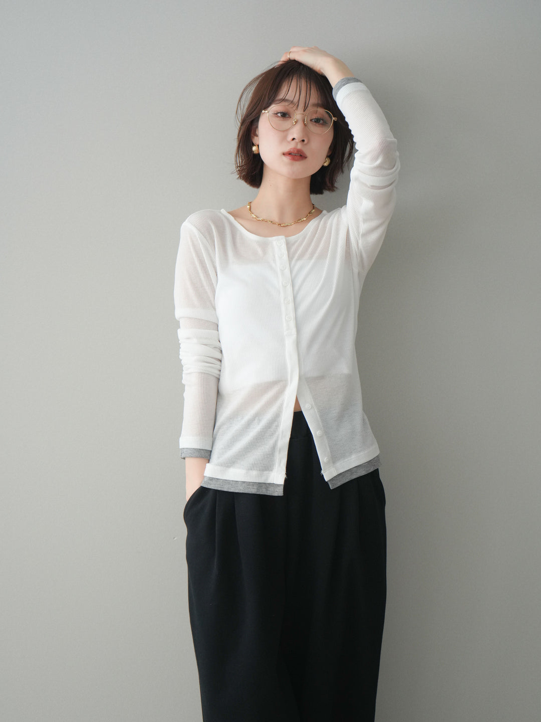 [予約]シアーリブバイカラーカーディガン/white