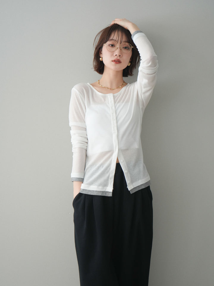 [予約]シアーリブバイカラーカーディガン/white