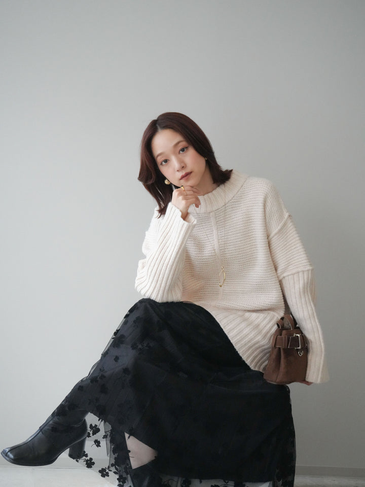 [SET]編み地切替ボトルネックニットプルオーバー+フラワーフロッキーチュールプリーツスカート(2set)