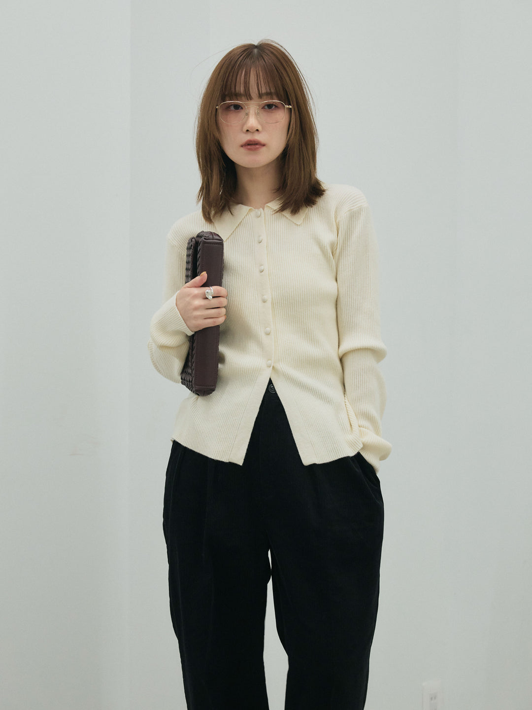 【Allure】[SET]くるみボタンポロリブニットトップス+コーデュロイタックワイドパンツ(2set)