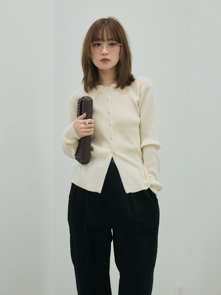 【Allure】[SET]くるみボタンポロリブニットトップス+コーデュロイタックワイドパンツ(2set)