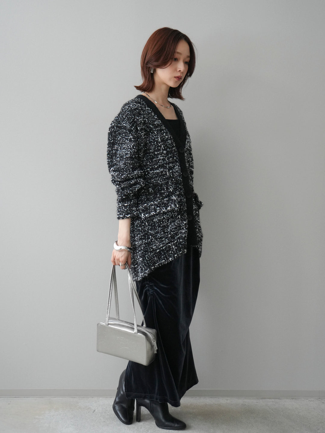 [SET]モールネップニットカーディガン+ギャザーベロアスカート(2set)