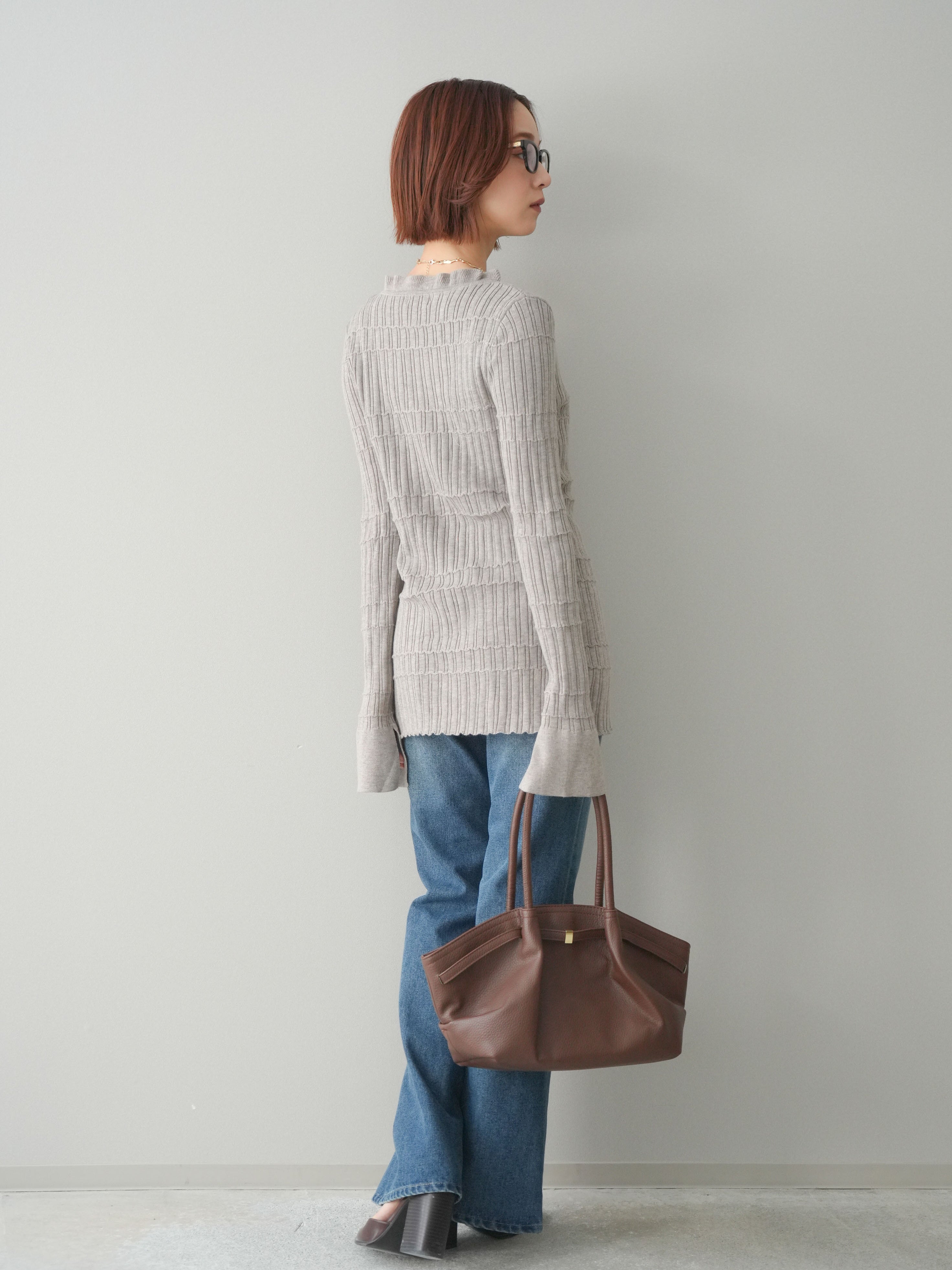 SET]フロントフリルリブニットカーディガン+フレアデニムパンツ(2set