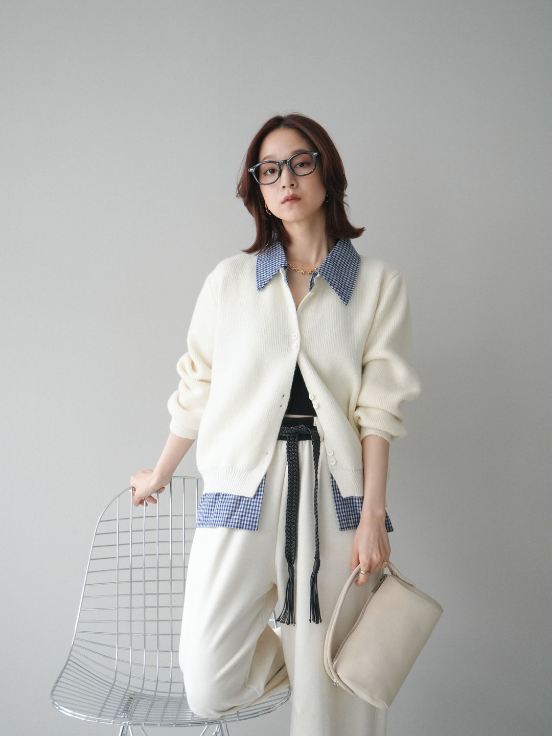 [SET]チェックシャツ襟ニットカーディガン+編み込みベルト付きウエスト配色スエットパンツ(2set)