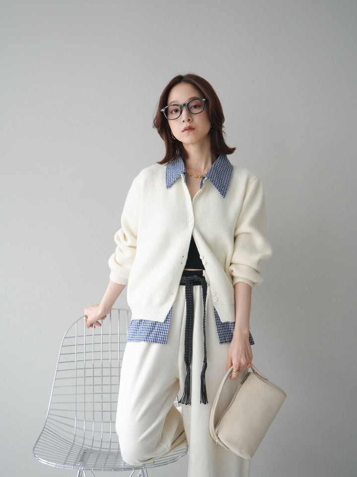 [SET]チェックシャツ襟ニットカーディガン+編み込みベルト付きウエスト配色スエットパンツ(2set)