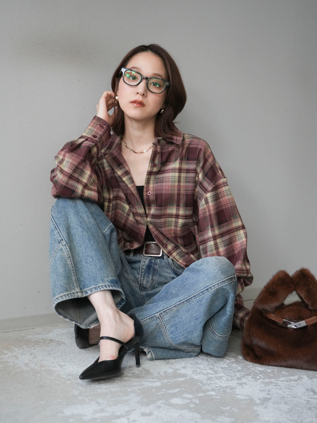 [予約]マルチウェイチェックシャツ/bordeauxbeige