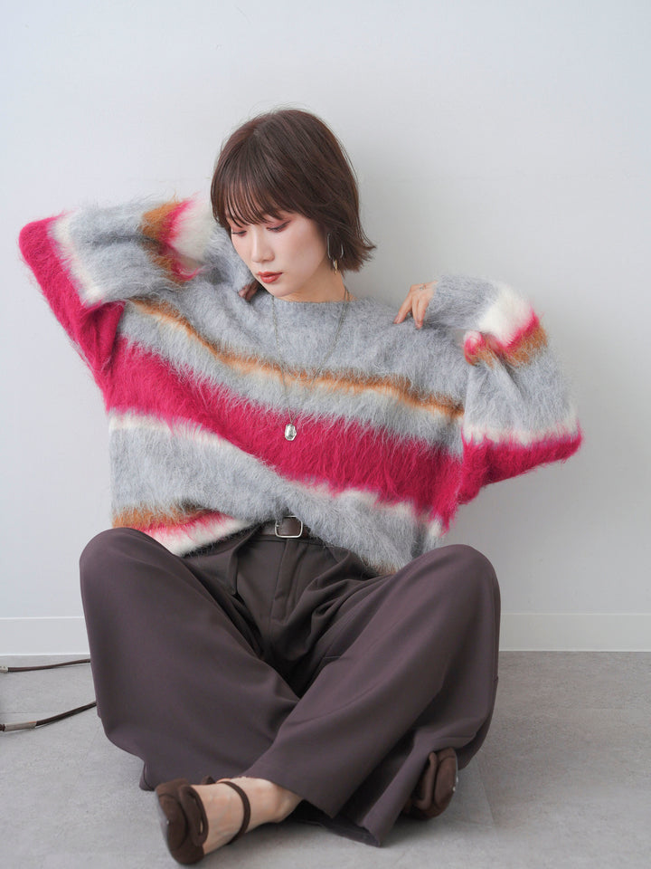 [SET]カラフルボーダーシャギーニットプルオーバー+ベルトループデザインワイドパンツ(2set)