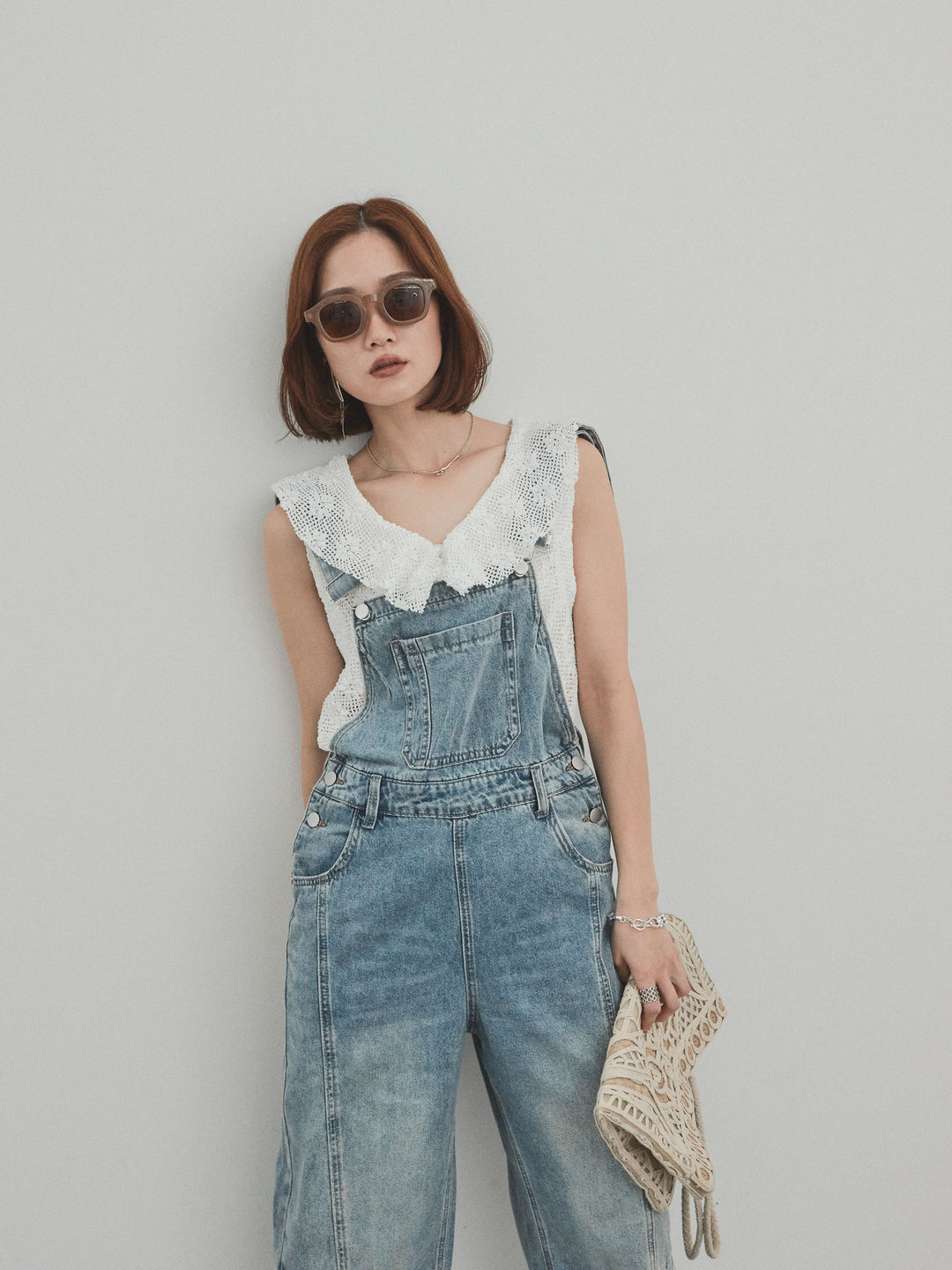 [SET]センターシームデニムサロペット +テープヤーンラッフルノースリトップス(2set)