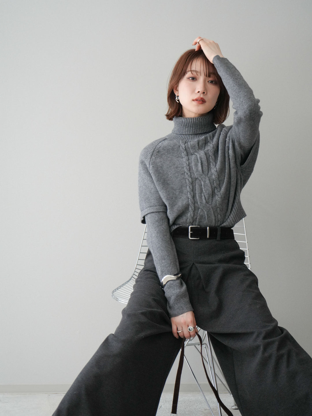 [予約]ケーブル編みタートルハーフスリーブニットアンサンブル/gray