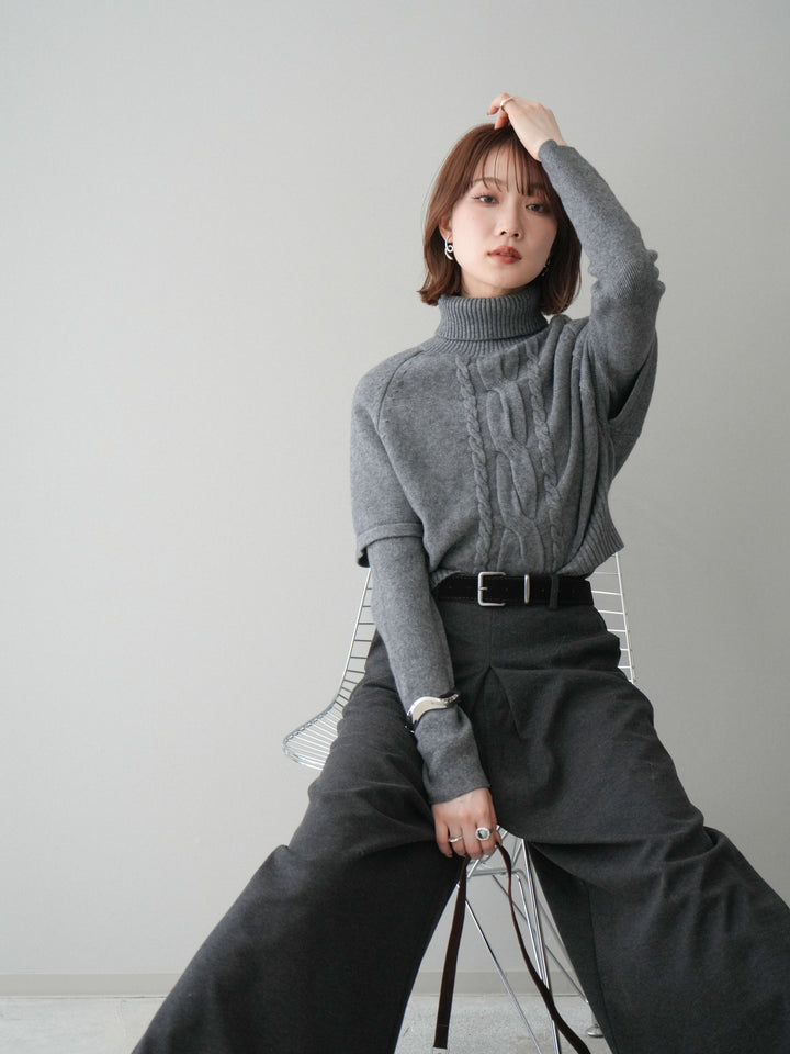 [予約]ケーブル編みタートルハーフスリーブニットアンサンブル/gray