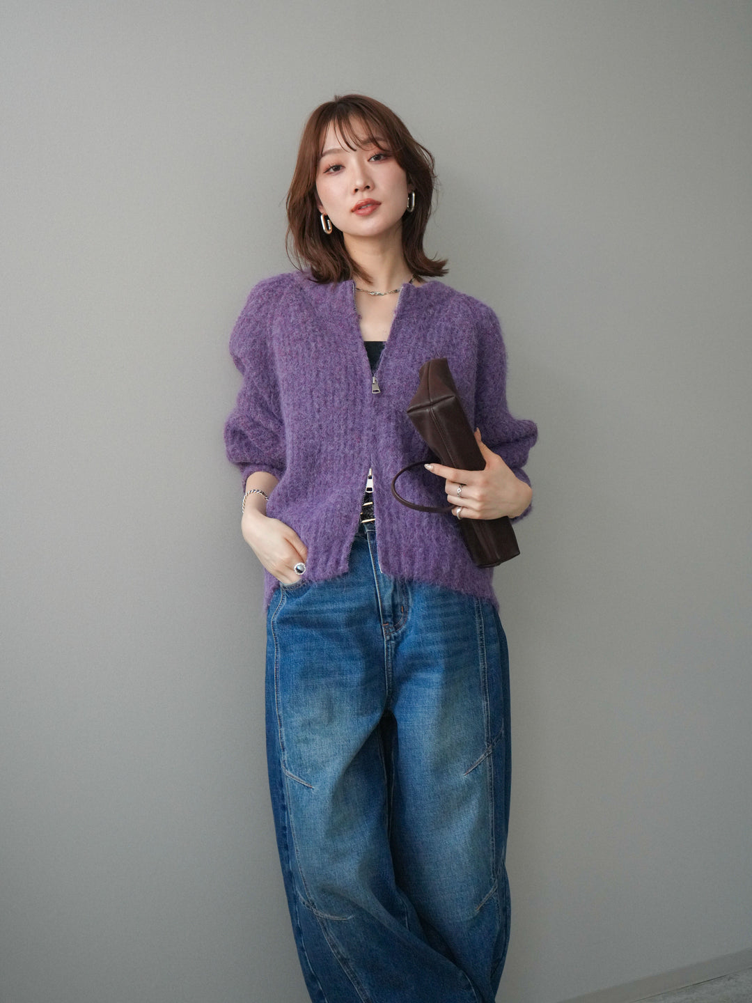 [予約]MIXヤーンモヘアタッチZIPニットカーディガン/purple