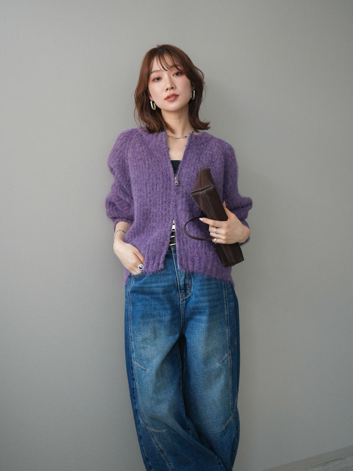 [予約]MIXヤーンモヘアタッチZIPニットカーディガン/purple