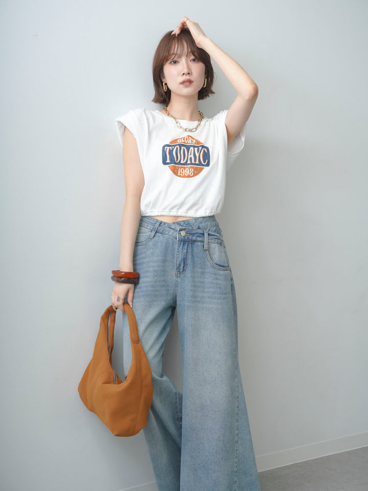 [SET]ヴィンテージロゴドロストTEE+フロントジップフリルカラーデニムトップス(2set)