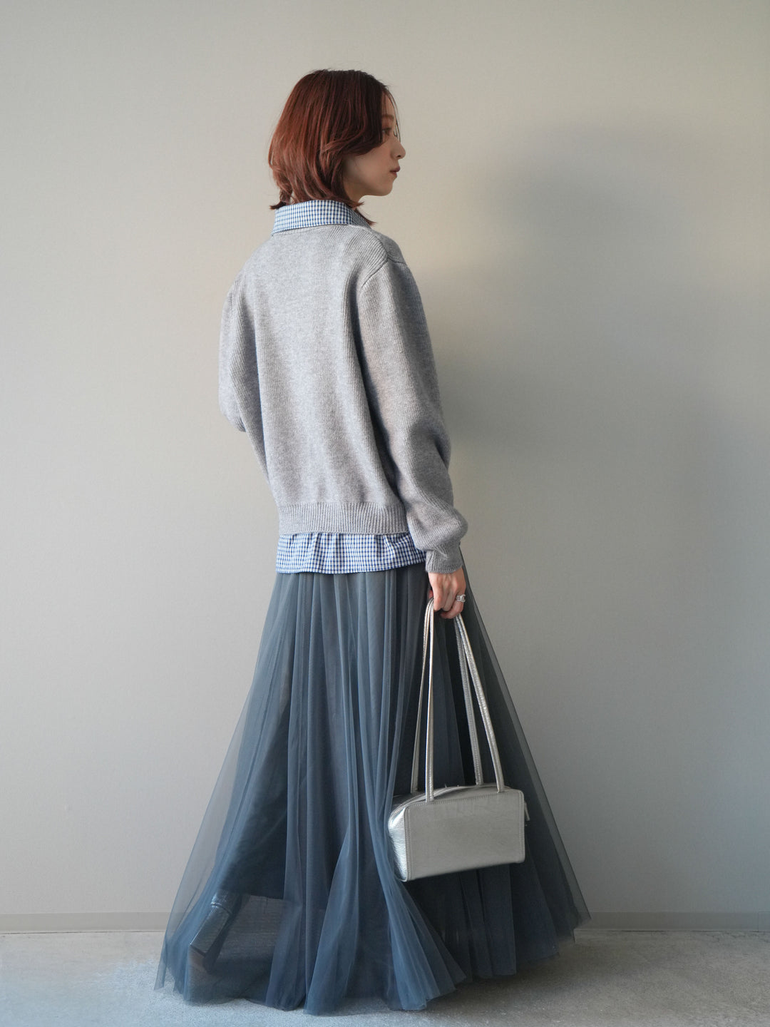 [SET]チェックシャツ襟ニットカーディガン+チュールボリュームスカート(2set)