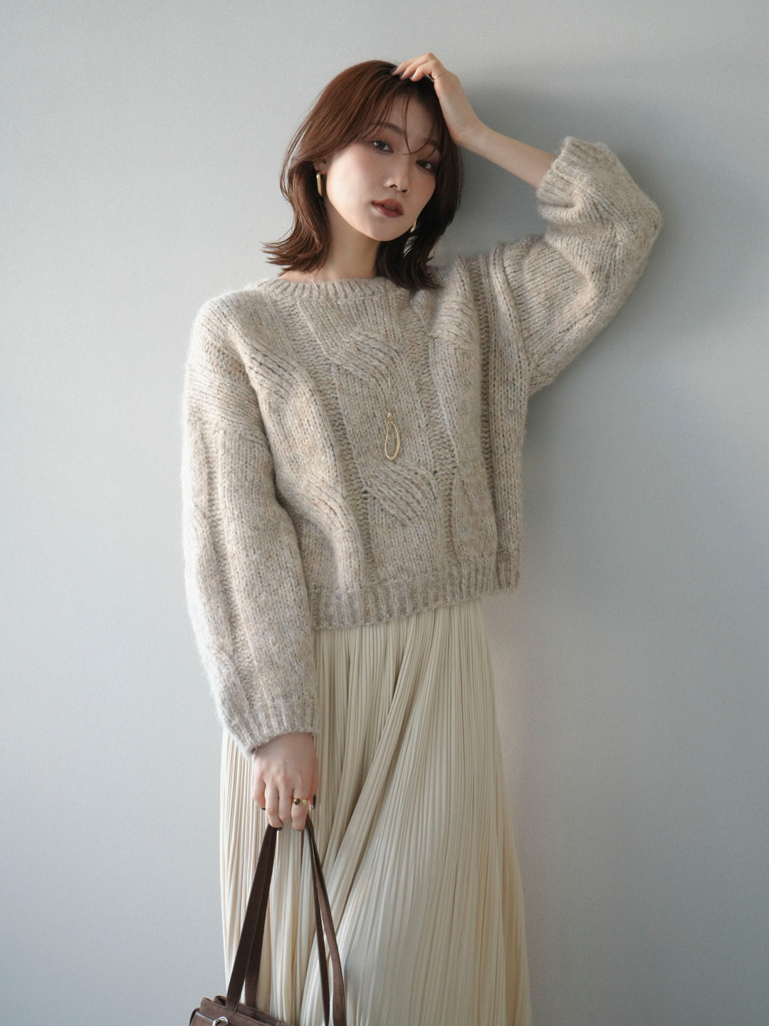 [予約]ワイドケーブルミックスニットプルオーバー/ivory