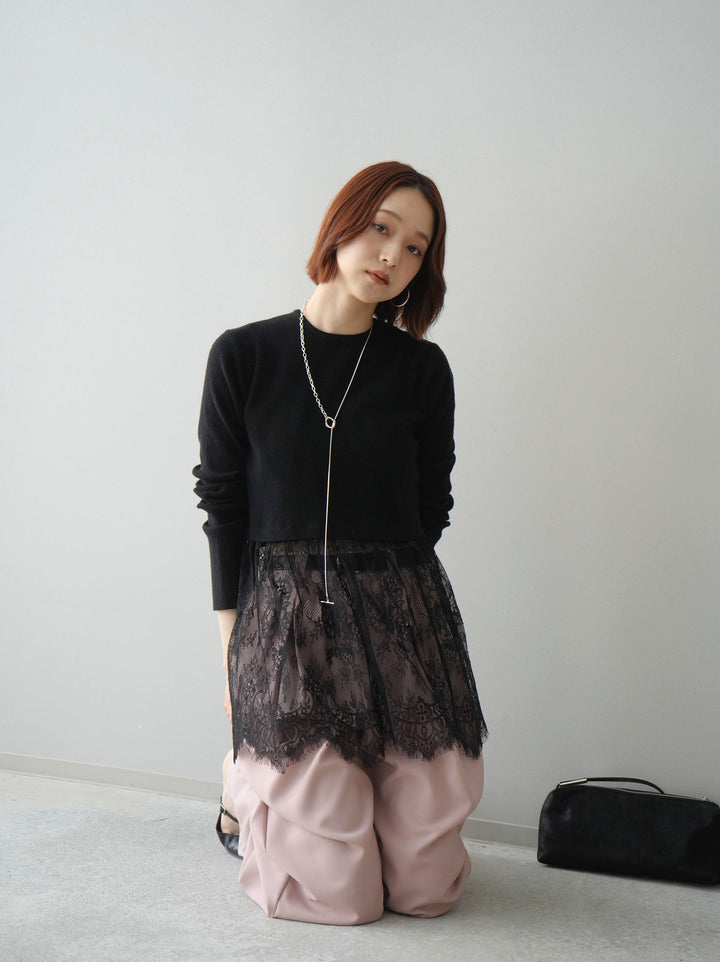 [SET]クルーネックレースドッキングリブニットトップス+ベルト付キーホルダーモチーフワイドパンツ(2set)