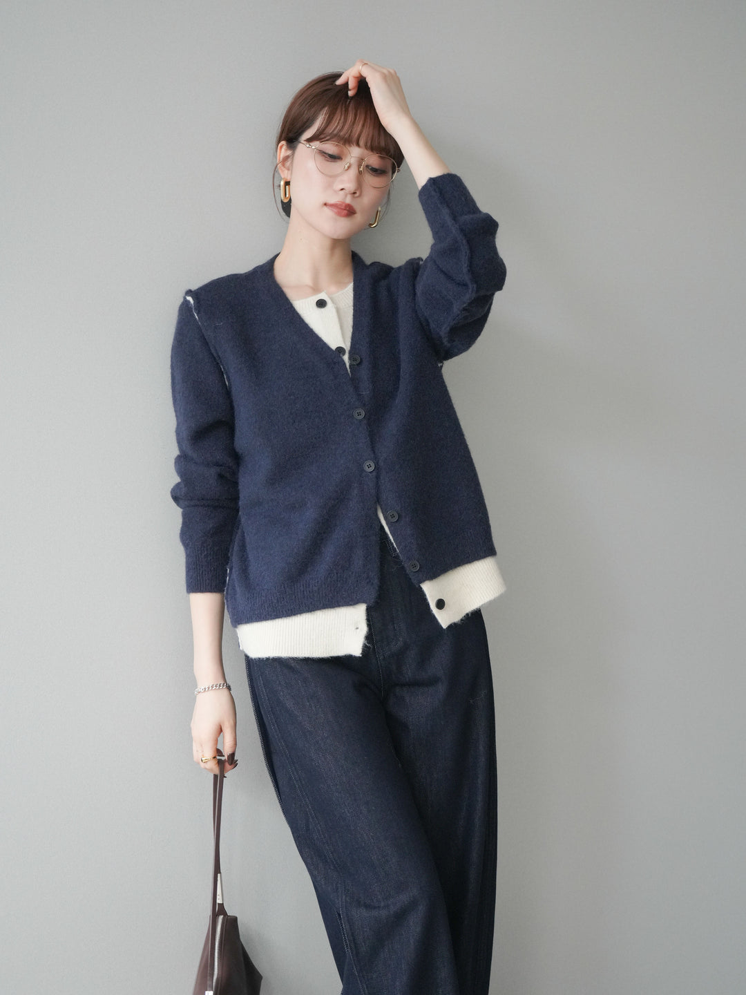 [予約]配色レイヤードニットカーディガン/navy