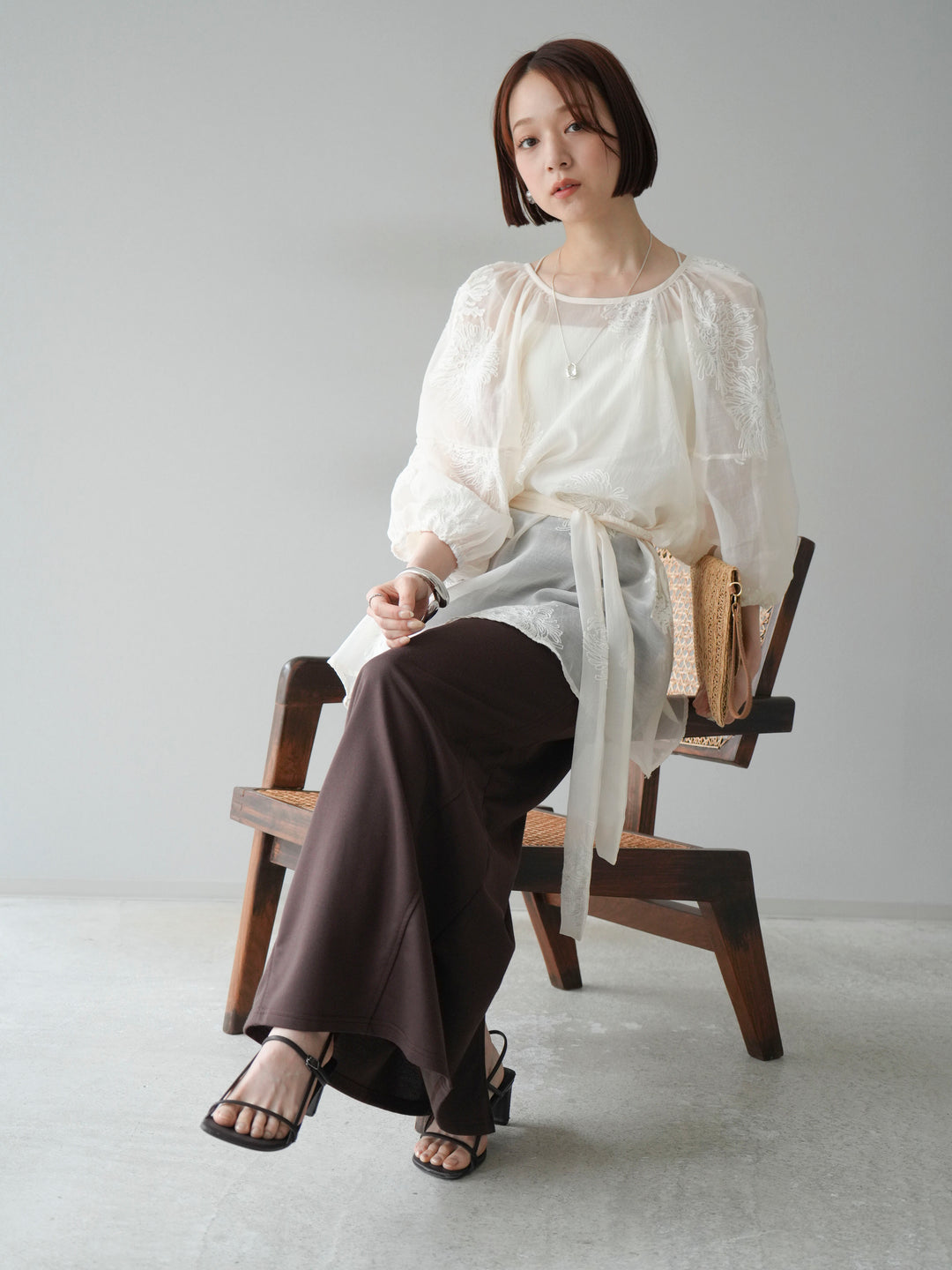 [SET]刺繍シアーバルーンスリーブブラウス+スウェットロングスカート(2set)