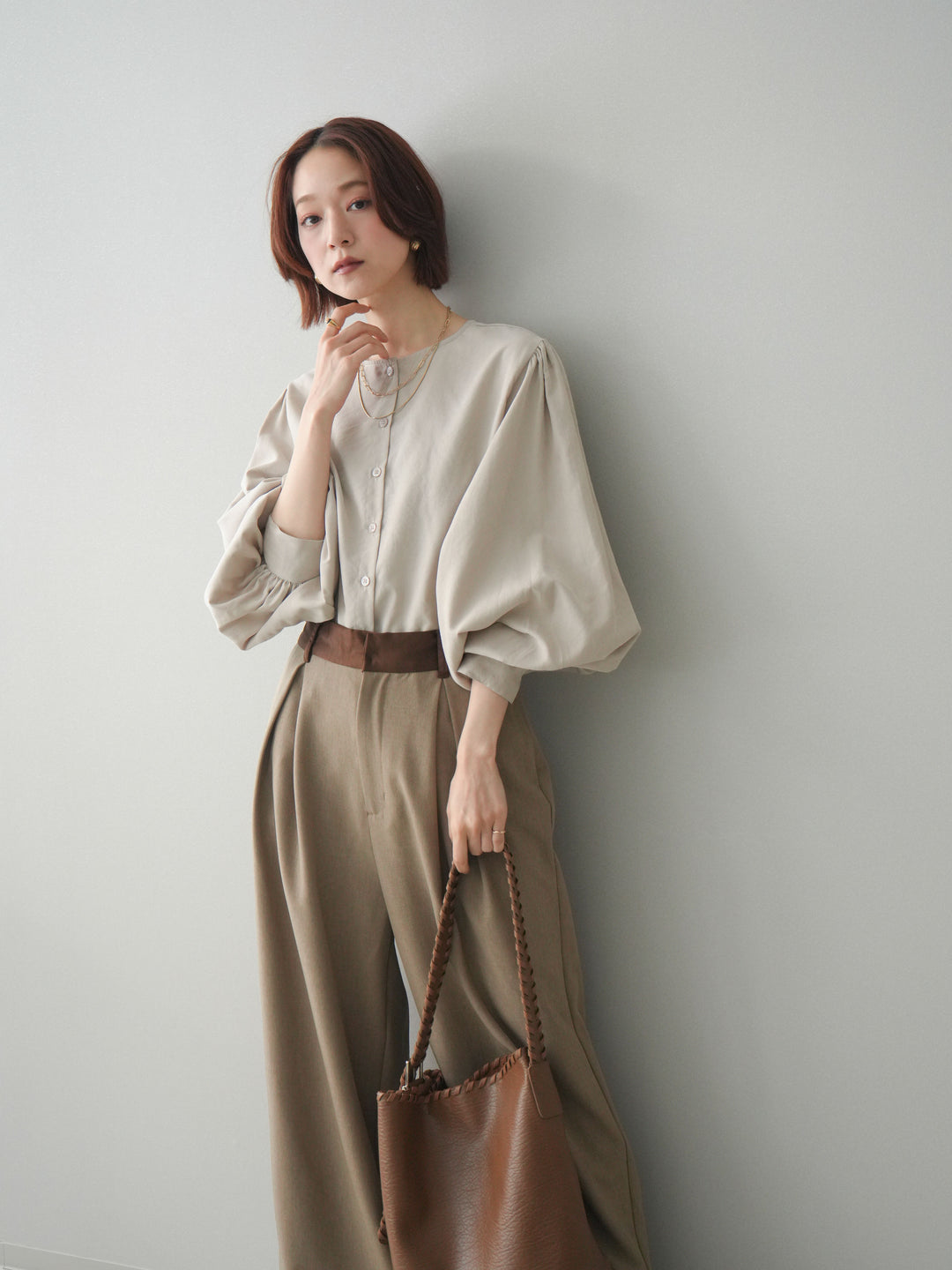 [予約]2WAYピーチスキンボリュームスリーブブラウス/greige