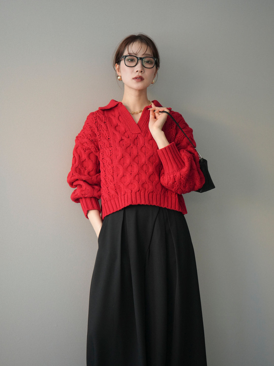 [SET]バルキーケーブルクロップド開襟プルオーバー+選べるアクセセット(2set)