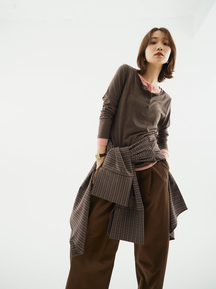 【Allure】[SET]配色レイヤードヘンリーネックトップス+タフタワイドカーブパンツ(2set)