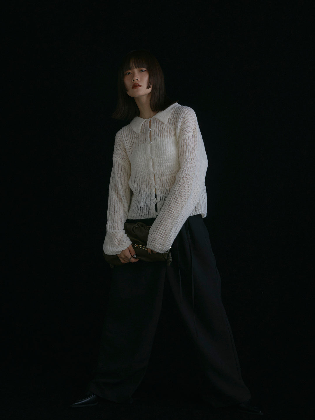 【Allure】[SET]起毛片畦編みシアーポロニット+ラップデザインタックワイドパンツ(2set)