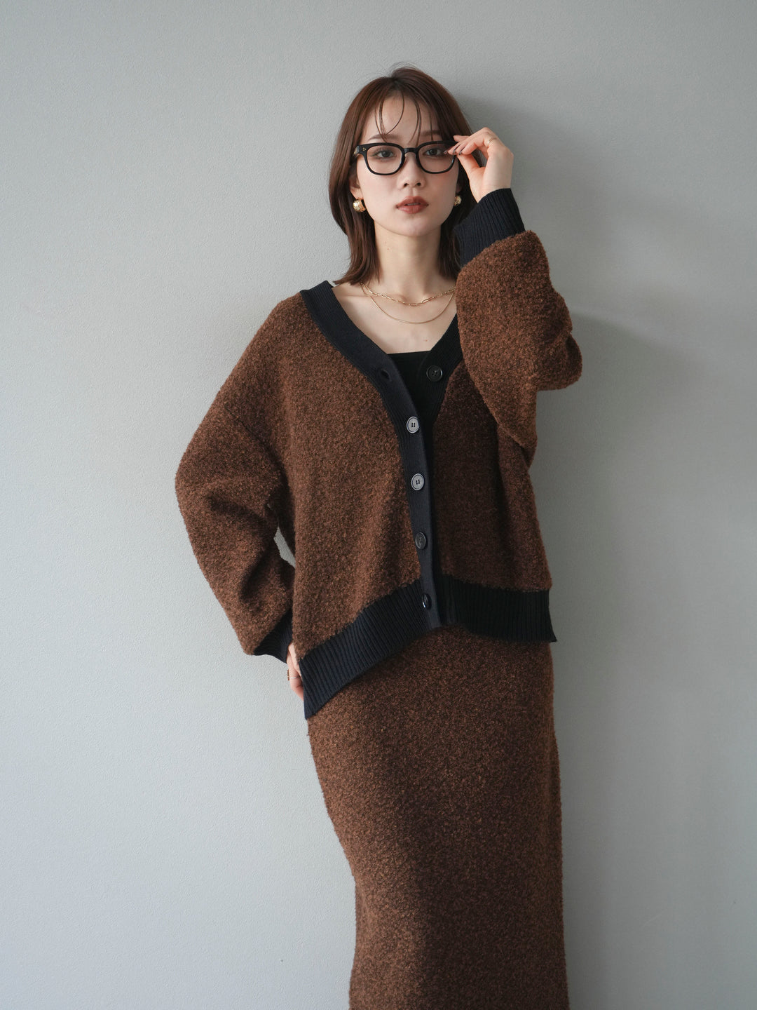 [予約]ブークレバイカラーニットカーディガン/brown