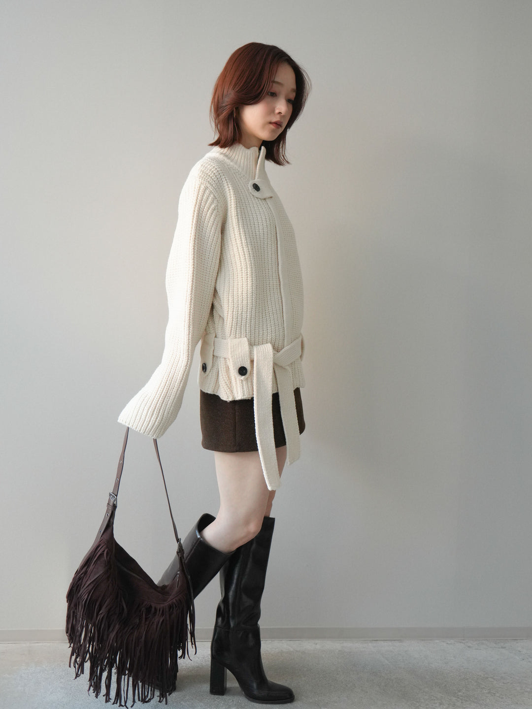 [SET]畦編みボトルネックZIPニットカーディガン+ウールタッチベルト付ミニスカート(2set)