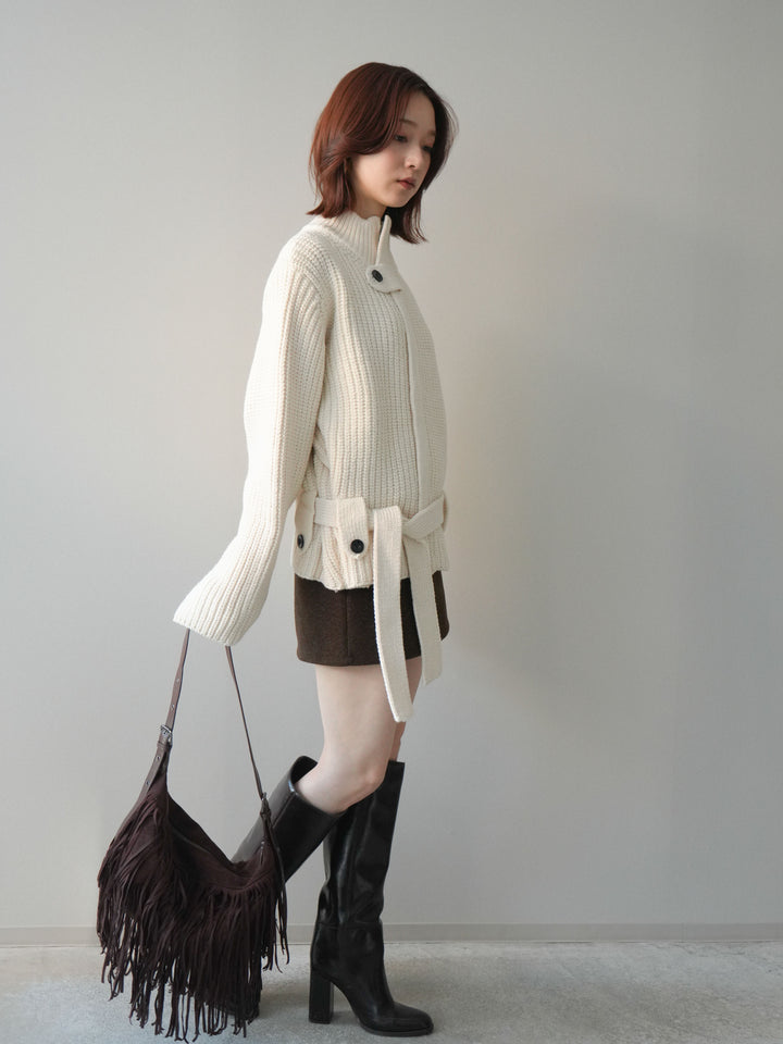 [SET]畦編みボトルネックZIPニットカーディガン+ウールタッチベルト付ミニスカート(2set)