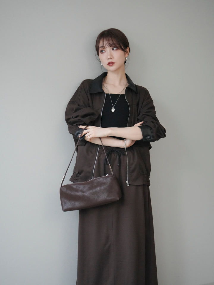 [予約]レザー襟配色パイピングブルゾン/brown