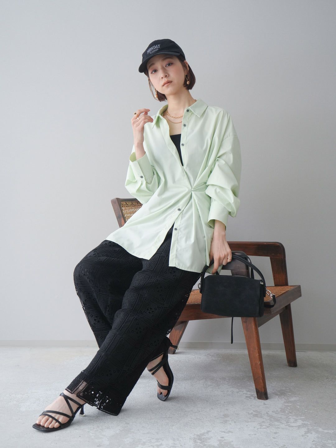 [SET]2wayベーシックルーズシャツ+パネルレースイージーパンツ(2set)