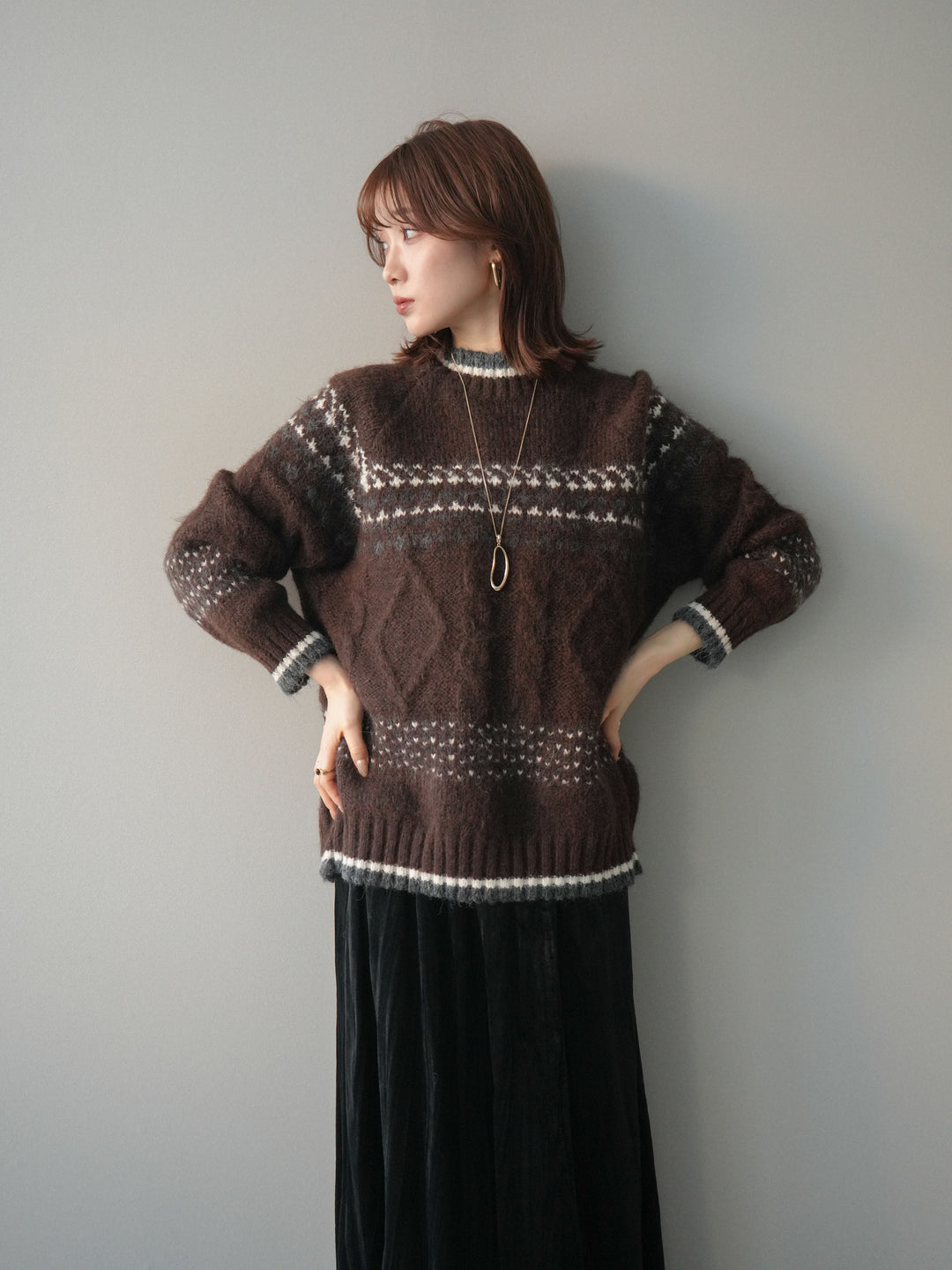 [予約]裾配色ノルディック柄ニットプルオーバー/brown