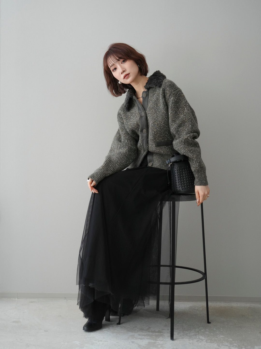 [SET]襟ボアミックスヤーンニットカーディガン+チュールボリュームスカート(2set)