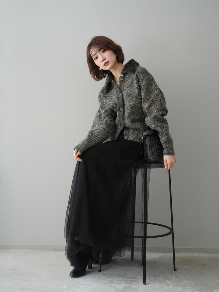 [SET]襟ボアミックスヤーンニットカーディガン+チュールボリュームスカート(2set)