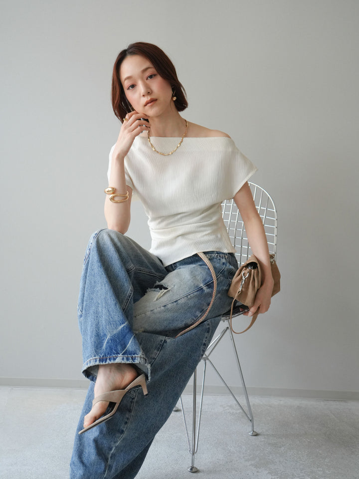 [予約]クレープアシンメトリーギャザートップス/white