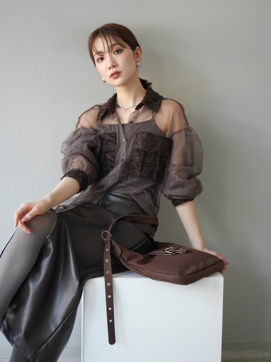 [予約]フリンジジャガード×チュールレイヤードシャツ/ブラウン