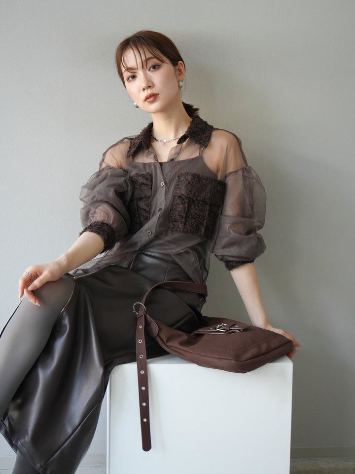 [予約]フリンジジャガード×チュールレイヤードシャツ/ブラウン