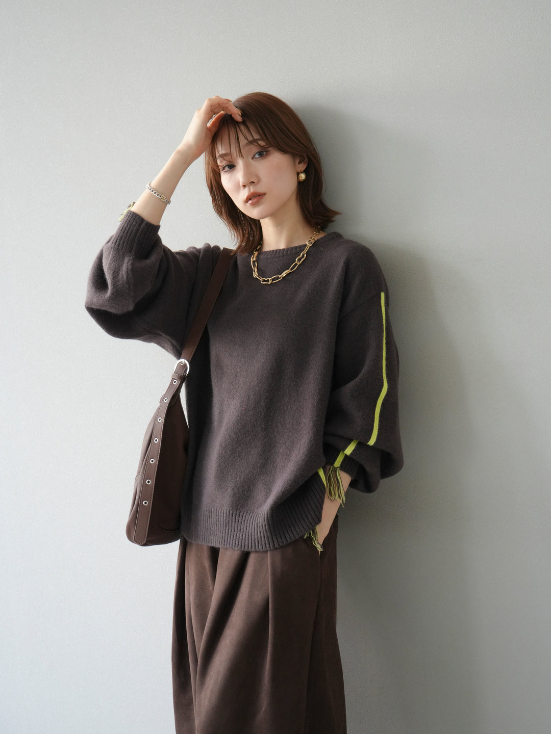 [予約]配色ステッチフリンジニットプルオーバー /ブラウン