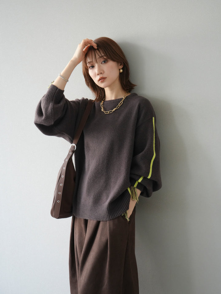 [予約]配色ステッチフリンジニットプルオーバー /ブラウン