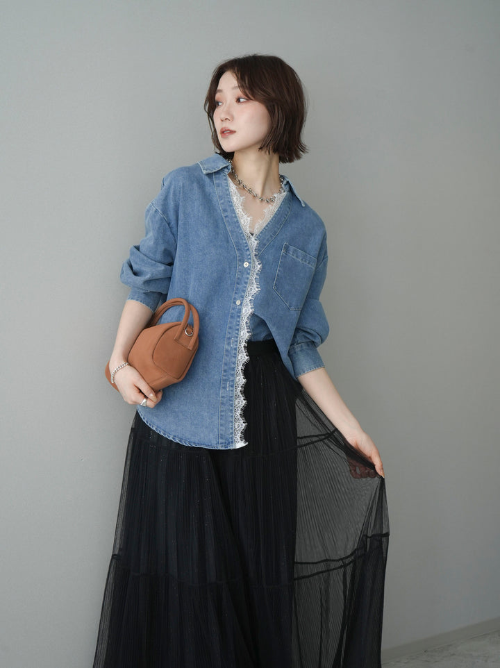 [SET]レースレイヤードデニム開襟シャツ+選べるアクセセット(2set)